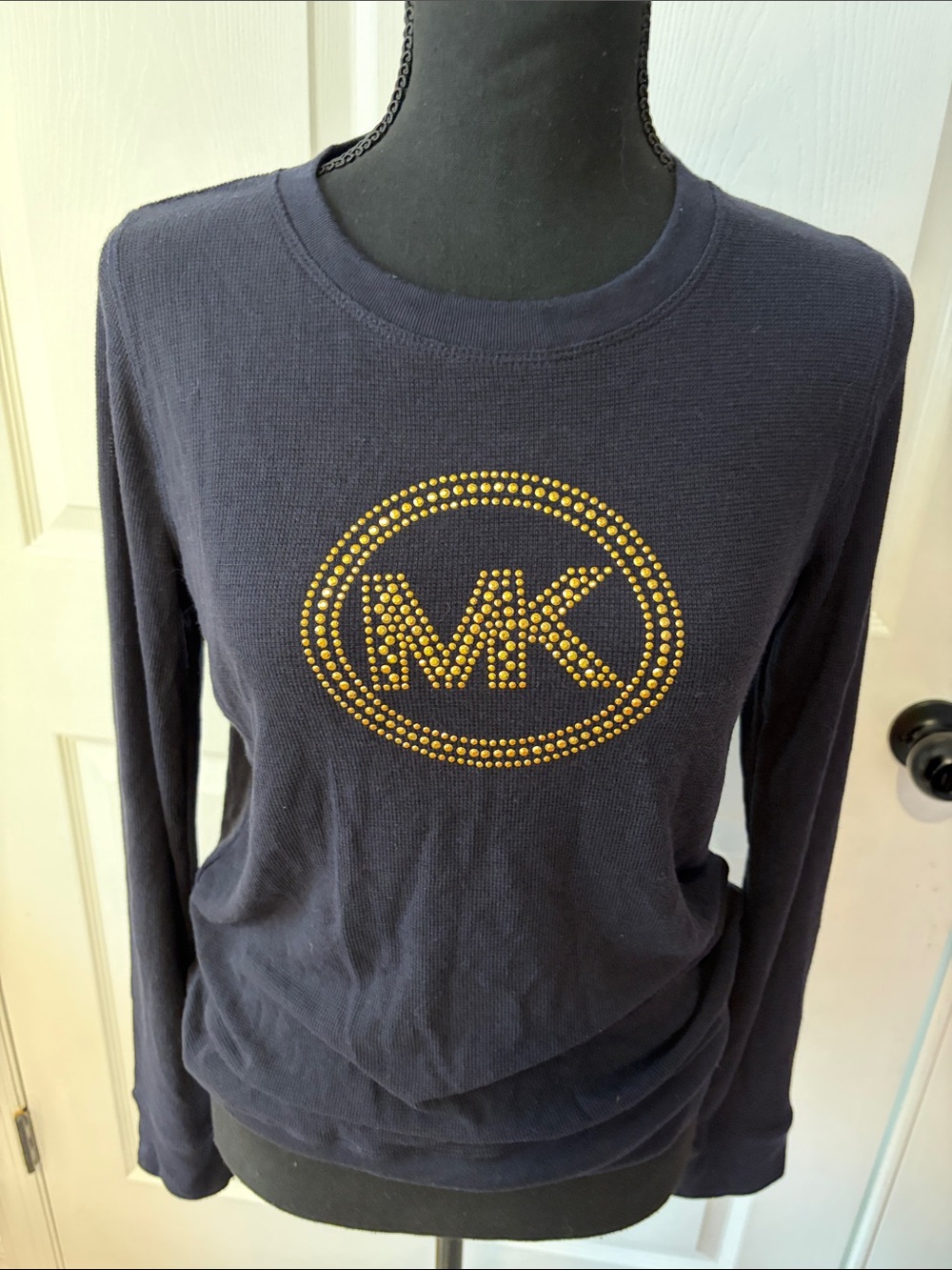 Michael Kors Navy Long Sleeve NEW Pullover with Gold Stud MK Emblem size medium